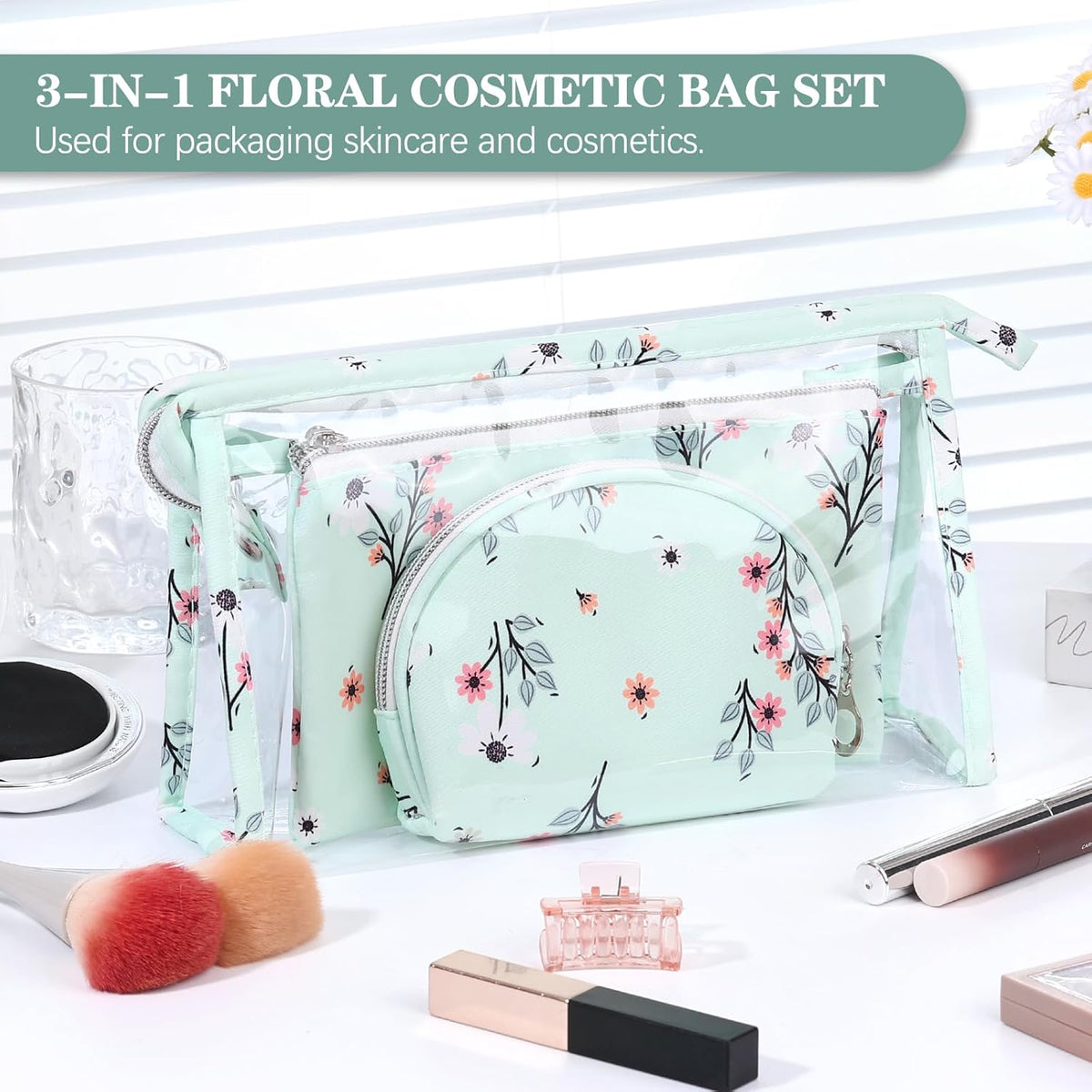 Makeup Bag, Clear Bag with Zipper, 3PC Floral Flowers Makeup Pouch, Waterproof Small Pouch, Portable Travel Toiletry Bag, C