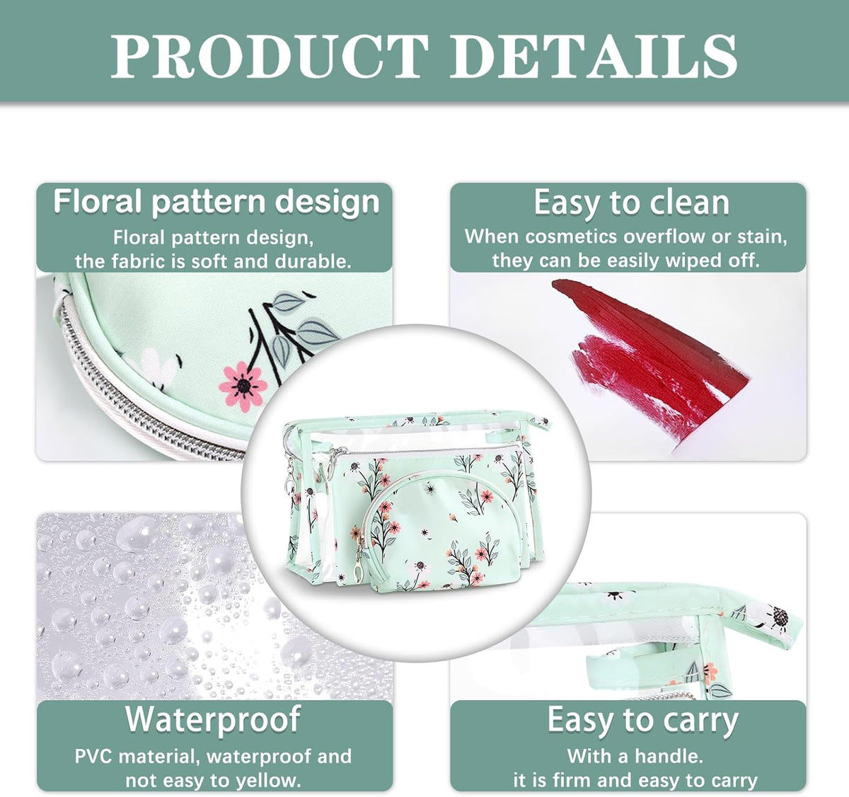 Makeup Bag, Clear Bag with Zipper, 3PC Floral Flowers Makeup Pouch, Waterproof Small Pouch, Portable Travel Toiletry Bag, C