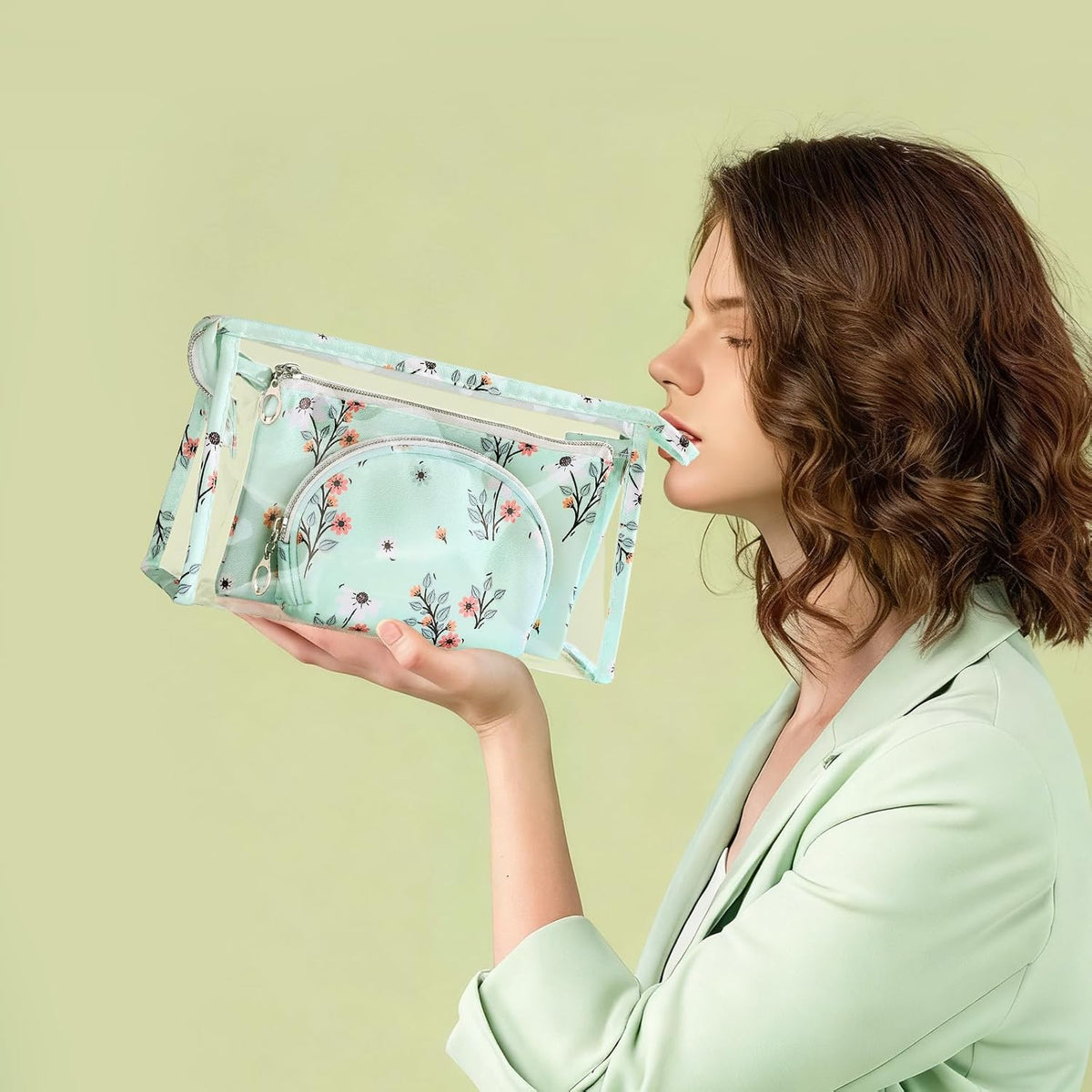 Makeup Bag, Clear Bag with Zipper, 3PC Floral Flowers Makeup Pouch, Waterproof Small Pouch, Portable Travel Toiletry Bag, C