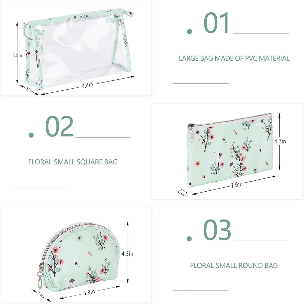 Makeup Bag, Clear Bag with Zipper, 3PC Floral Flowers Makeup Pouch, Waterproof Small Pouch, Portable Travel Toiletry Bag, C