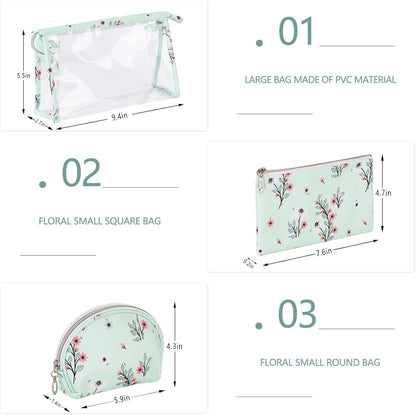 Makeup Bag, Clear Bag with Zipper, 3PC Floral Flowers Makeup Pouch, Waterproof Small Pouch, Portable Travel Toiletry Bag, C