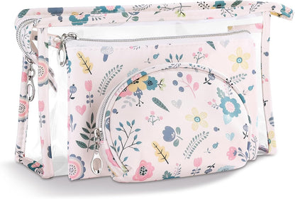 Makeup Bag, Clear Bag with Zipper, 3PC Floral Flowers Makeup Pouch, Waterproof Small Pouch, Portable Travel Toiletry Bag, C