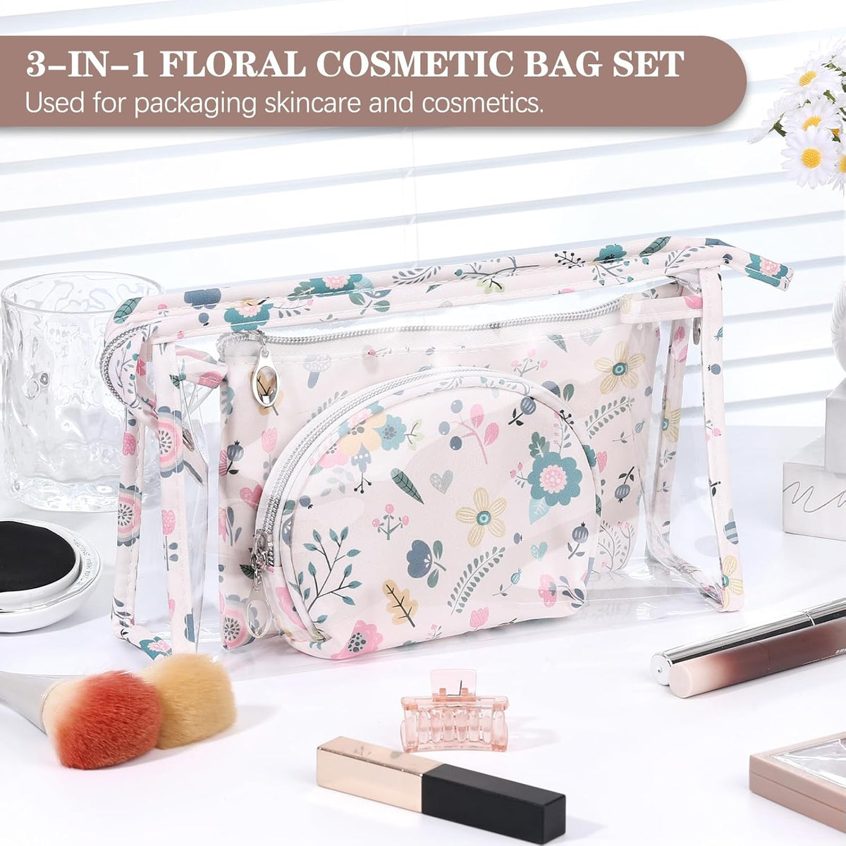 Makeup Bag, Clear Bag with Zipper, 3PC Floral Flowers Makeup Pouch, Waterproof Small Pouch, Portable Travel Toiletry Bag, C