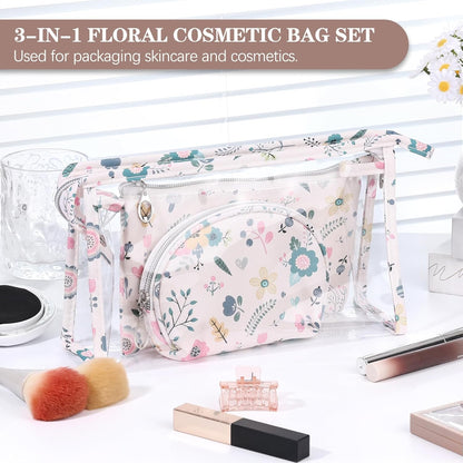 Makeup Bag, Clear Bag with Zipper, 3PC Floral Flowers Makeup Pouch, Waterproof Small Pouch, Portable Travel Toiletry Bag, C