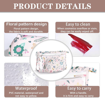 Makeup Bag, Clear Bag with Zipper, 3PC Floral Flowers Makeup Pouch, Waterproof Small Pouch, Portable Travel Toiletry Bag, C