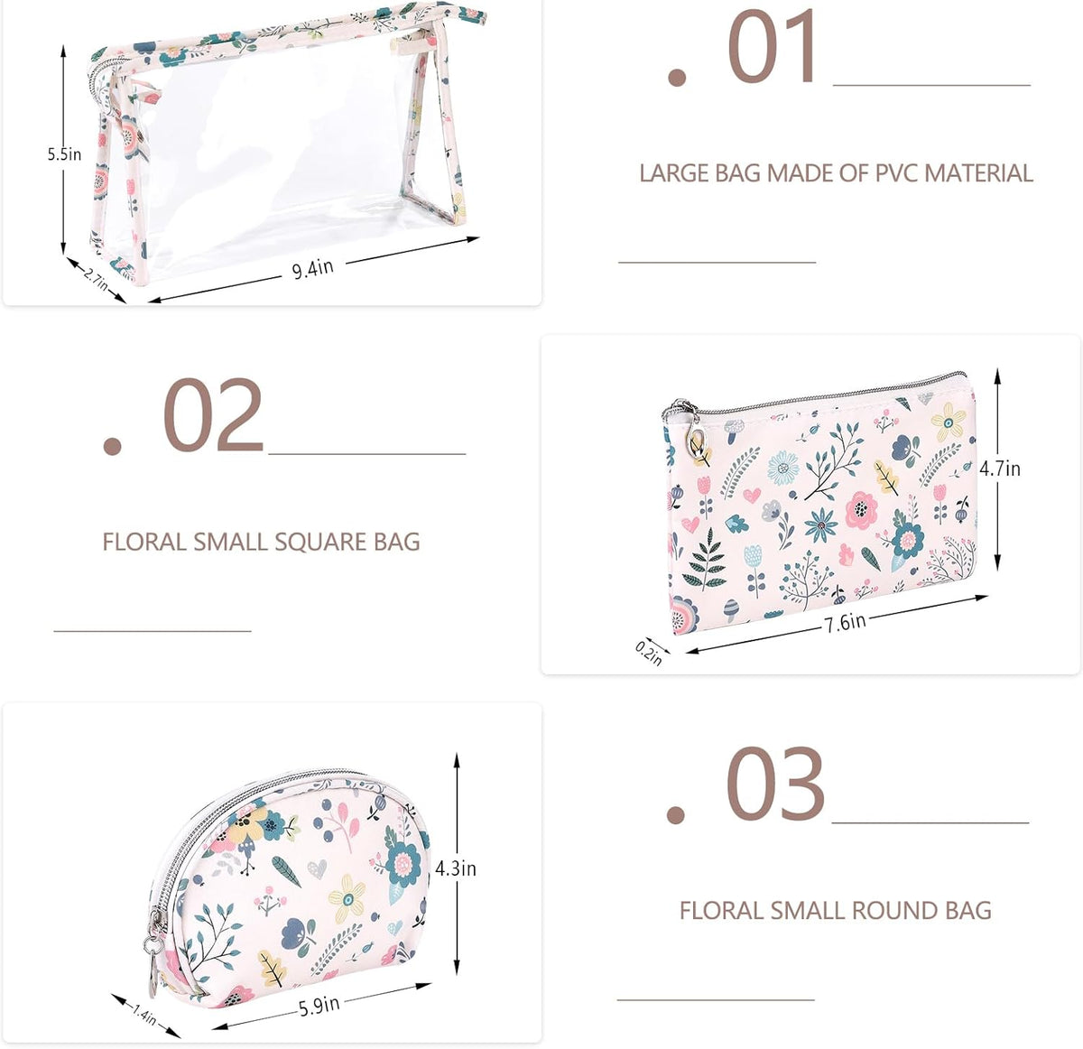 Makeup Bag, Clear Bag with Zipper, 3PC Floral Flowers Makeup Pouch, Waterproof Small Pouch, Portable Travel Toiletry Bag, C