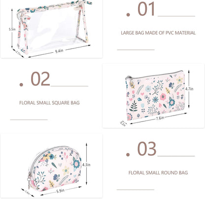 Makeup Bag, Clear Bag with Zipper, 3PC Floral Flowers Makeup Pouch, Waterproof Small Pouch, Portable Travel Toiletry Bag, C