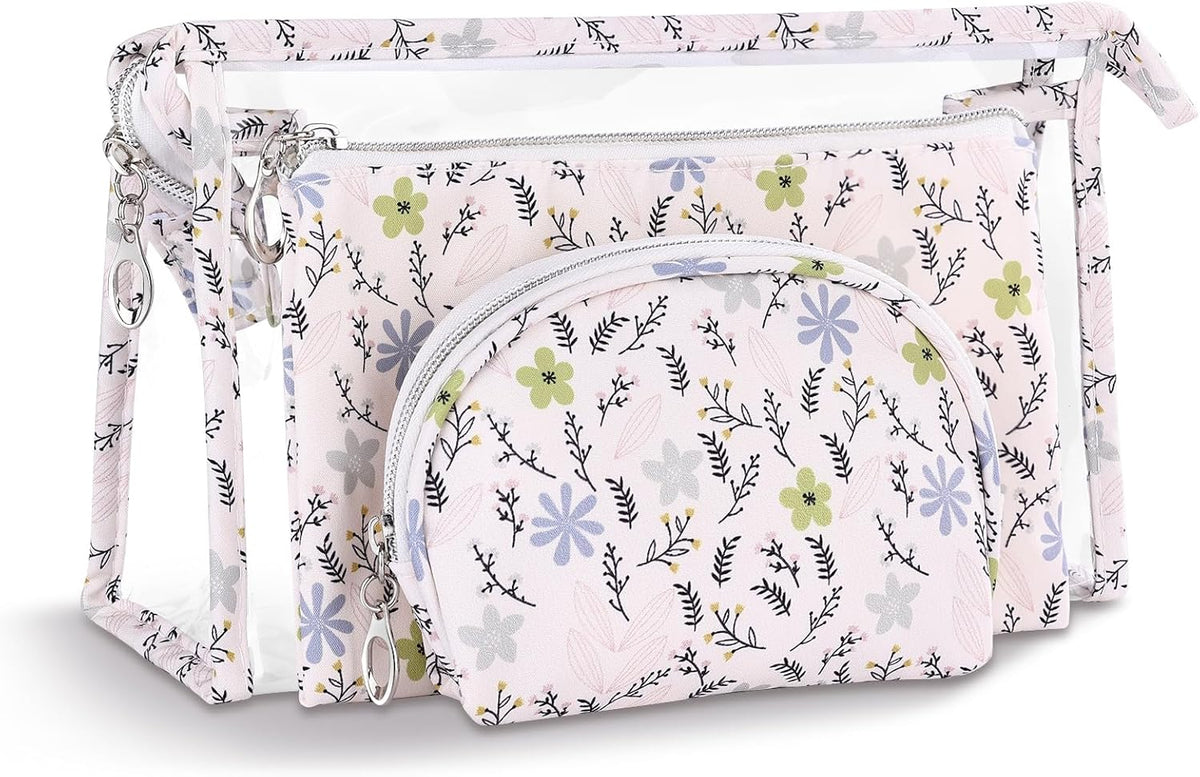 Makeup Bag, Clear Bag with Zipper, 3PC Floral Flowers Makeup Pouch, Waterproof Small Pouch, Portable Travel Toiletry Bag, C