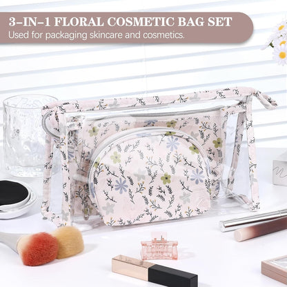Makeup Bag, Clear Bag with Zipper, 3PC Floral Flowers Makeup Pouch, Waterproof Small Pouch, Portable Travel Toiletry Bag, C