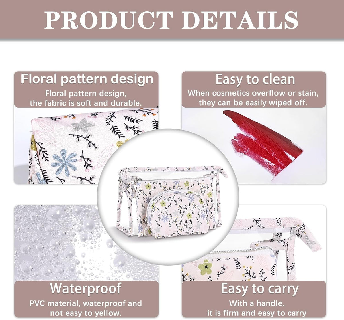Makeup Bag, Clear Bag with Zipper, 3PC Floral Flowers Makeup Pouch, Waterproof Small Pouch, Portable Travel Toiletry Bag, C