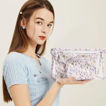 Makeup Bag, Clear Bag with Zipper, 3PC Floral Flowers Makeup Pouch, Waterproof Small Pouch, Portable Travel Toiletry Bag, C