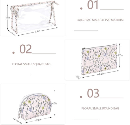 Makeup Bag, Clear Bag with Zipper, 3PC Floral Flowers Makeup Pouch, Waterproof Small Pouch, Portable Travel Toiletry Bag, C