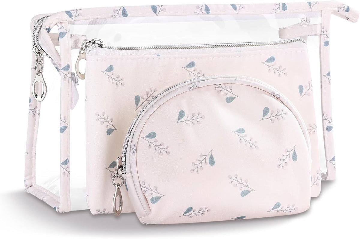 Makeup Bag, Clear Bag with Zipper, 3PC Floral Flowers Makeup Pouch, Waterproof Small Pouch, Portable Travel Toiletry Bag, C