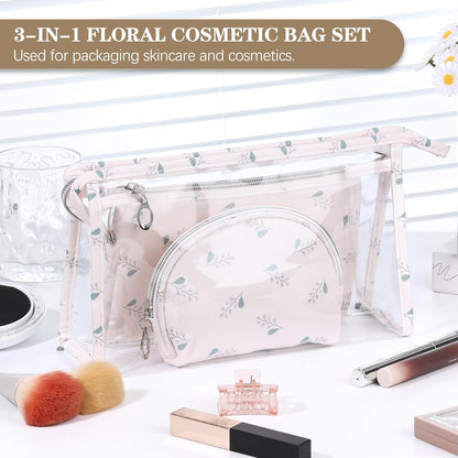 Makeup Bag, Clear Bag with Zipper, 3PC Floral Flowers Makeup Pouch, Waterproof Small Pouch, Portable Travel Toiletry Bag, C