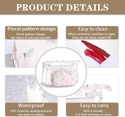 Makeup Bag, Clear Bag with Zipper, 3PC Floral Flowers Makeup Pouch, Waterproof Small Pouch, Portable Travel Toiletry Bag, C