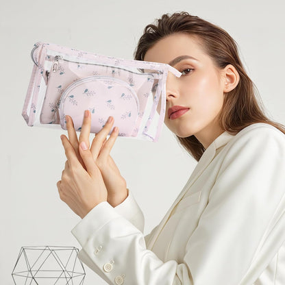 Makeup Bag, Clear Bag with Zipper, 3PC Floral Flowers Makeup Pouch, Waterproof Small Pouch, Portable Travel Toiletry Bag, C