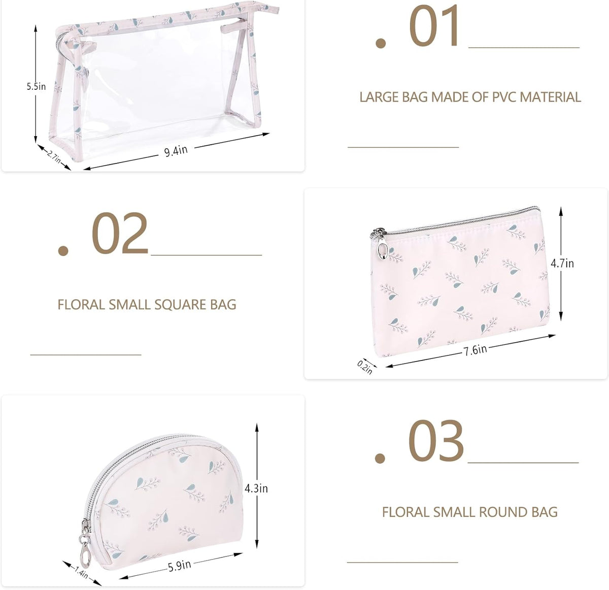 Makeup Bag, Clear Bag with Zipper, 3PC Floral Flowers Makeup Pouch, Waterproof Small Pouch, Portable Travel Toiletry Bag, C