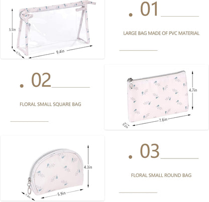 Makeup Bag, Clear Bag with Zipper, 3PC Floral Flowers Makeup Pouch, Waterproof Small Pouch, Portable Travel Toiletry Bag, C