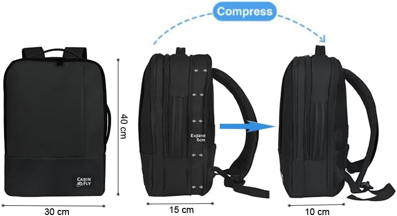 Bellanca Air Canada And WestJet Personal Item Size Backpack Under Seat Carry-on Bag Flair Airlines Hand Luggage (Black, 16x12x4/6In)