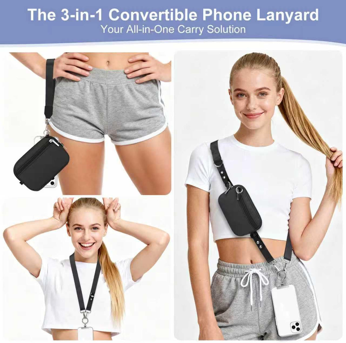 3-in-1 Clip and Go Strap for Phone with Wallet Crossbody, Detachable Zippered RFID Wristlet Wallet，Adjustable Anti-Theft Phone Lanyard for Women | Hands-Free for Daily Errands & Travel (Black)