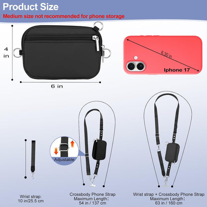 3-in-1 Clip and Go Strap for Phone with Wallet Crossbody, Detachable Zippered RFID Wristlet Wallet，Adjustable Anti-Theft Phone Lanyard for Women | Hands-Free for Daily Errands & Travel (Black)