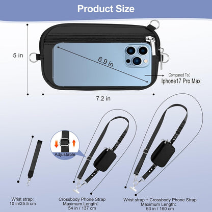 3-in-1 Clip and Go Strap for Phone with Wallet Crossbody, Detachable Zippered RFID Wristlet Wallet，Adjustable Anti-Theft Phone Lanyard for Women | Hands-Free for Daily Errands & Travel (Black)