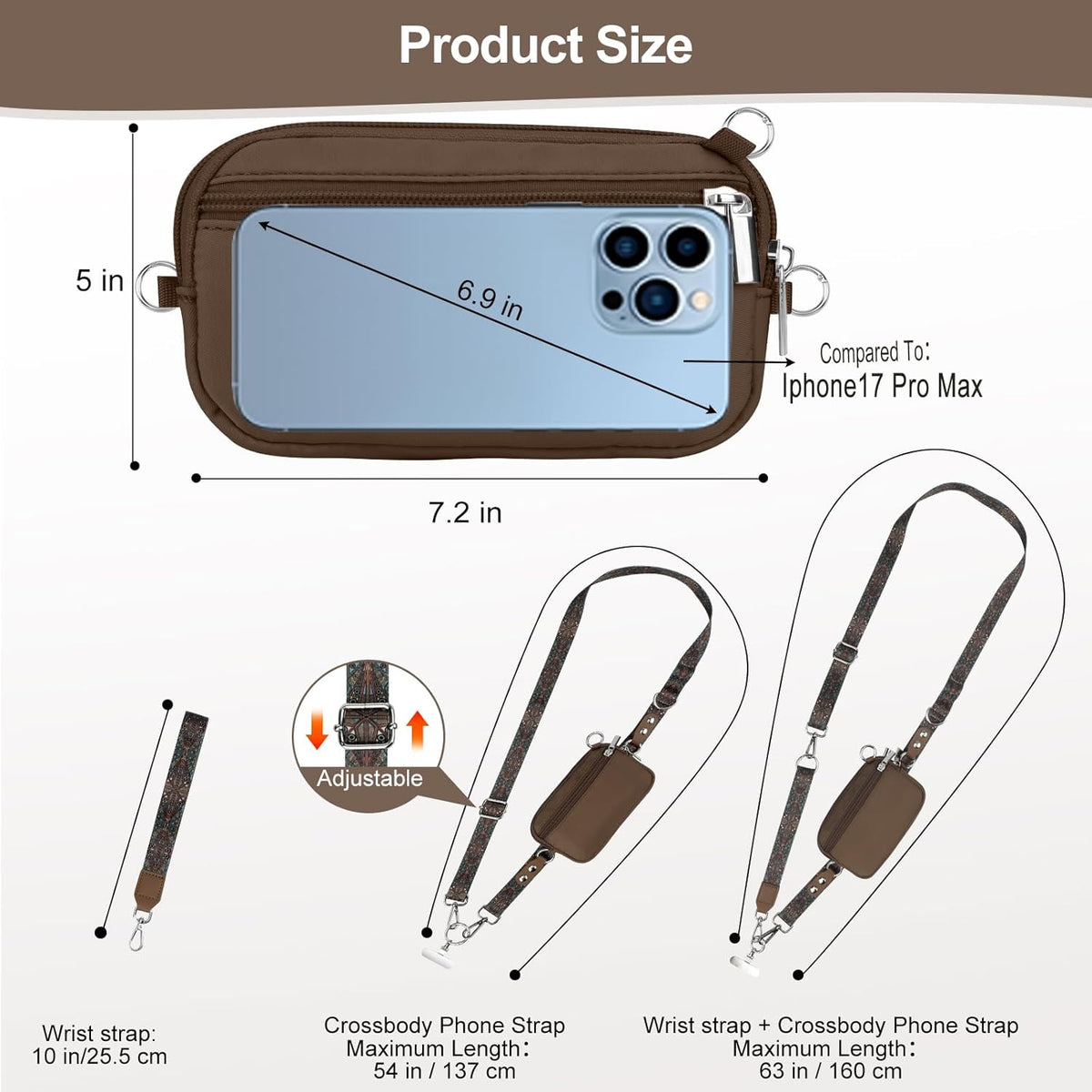 3-in-1 Clip and Go Strap for Phone with Wallet Crossbody, Detachable Zippered RFID Wristlet Wallet，Adjustable Anti-Theft Phone Lanyard for Women | Hands-Free for Daily Errands & Travel (Black)