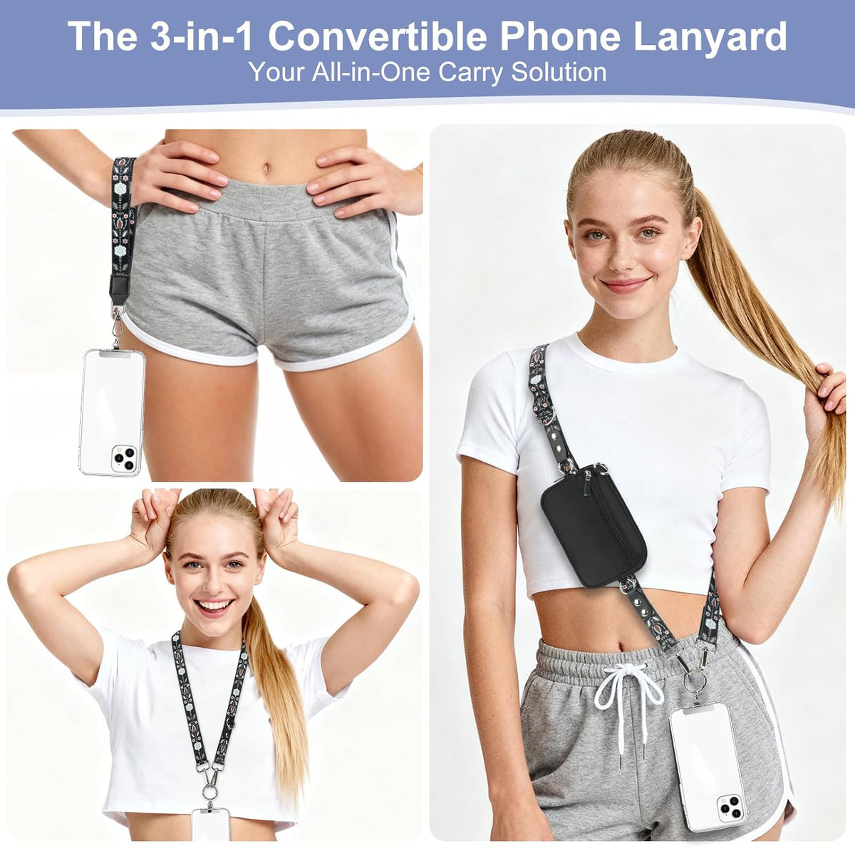 3-in-1 Clip and Go Strap for Phone with Wallet Crossbody, Detachable Zippered RFID Wristlet Wallet，Adjustable Anti-Theft Phone Lanyard for Women | Hands-Free for Daily Errands & Travel (Black)