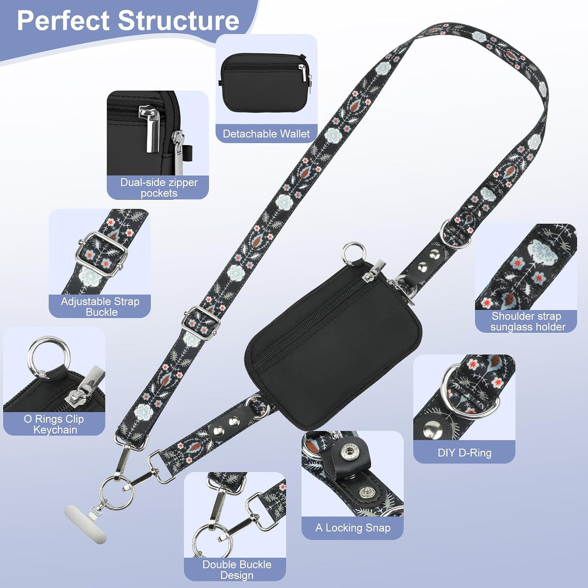 3-in-1 Clip and Go Strap for Phone with Wallet Crossbody, Detachable Zippered RFID Wristlet Wallet，Adjustable Anti-Theft Phone Lanyard for Women | Hands-Free for Daily Errands & Travel (Black)