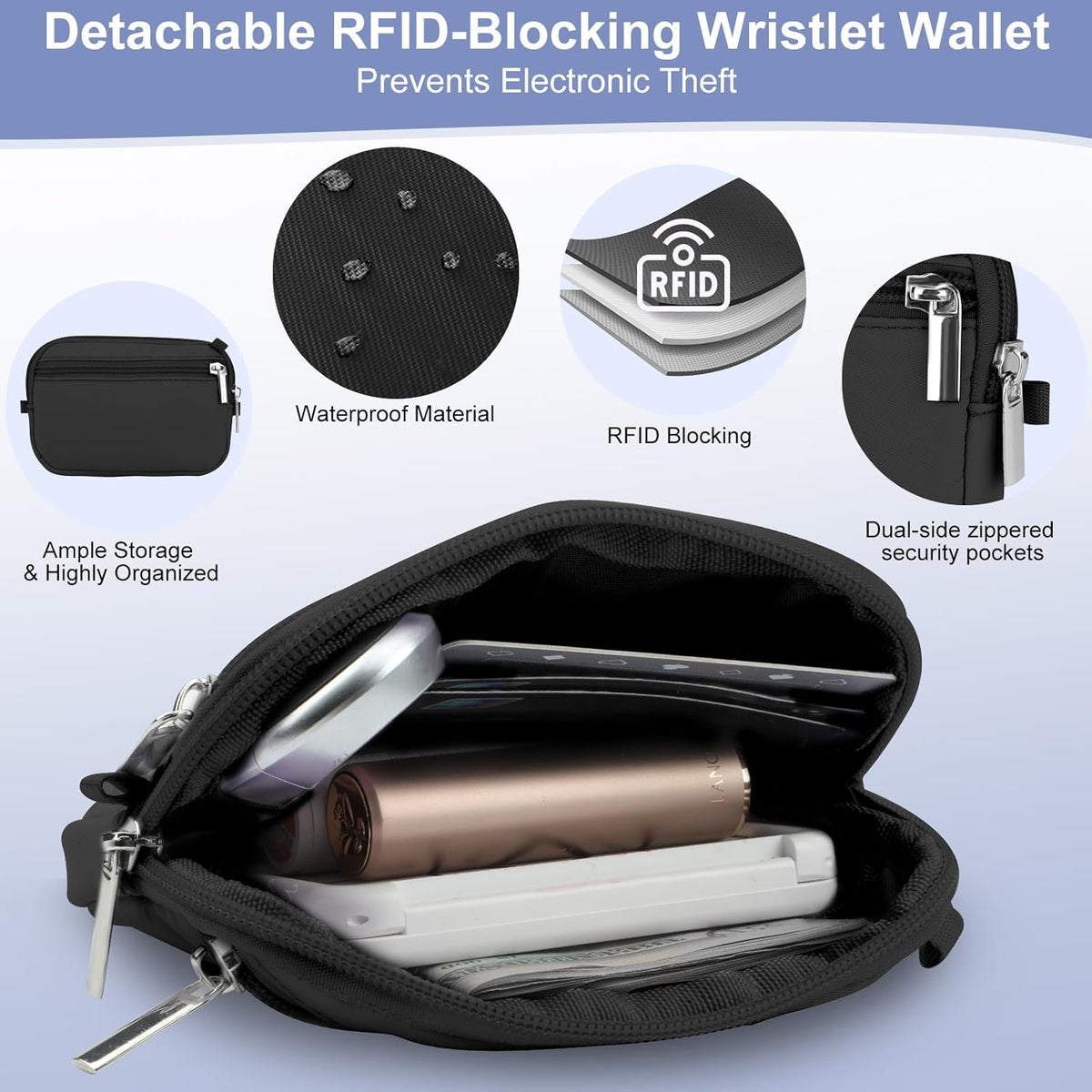 3-in-1 Clip and Go Strap for Phone with Wallet Crossbody, Detachable Zippered RFID Wristlet Wallet，Adjustable Anti-Theft Phone Lanyard for Women | Hands-Free for Daily Errands & Travel (Black)