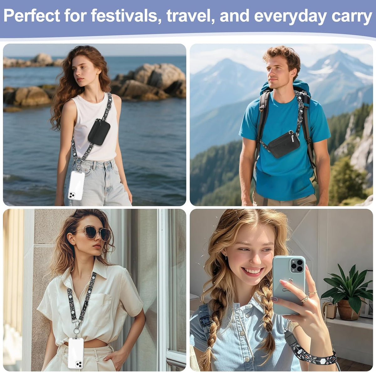 3-in-1 Clip and Go Strap for Phone with Wallet Crossbody, Detachable Zippered RFID Wristlet Wallet，Adjustable Anti-Theft Phone Lanyard for Women | Hands-Free for Daily Errands & Travel (Black)