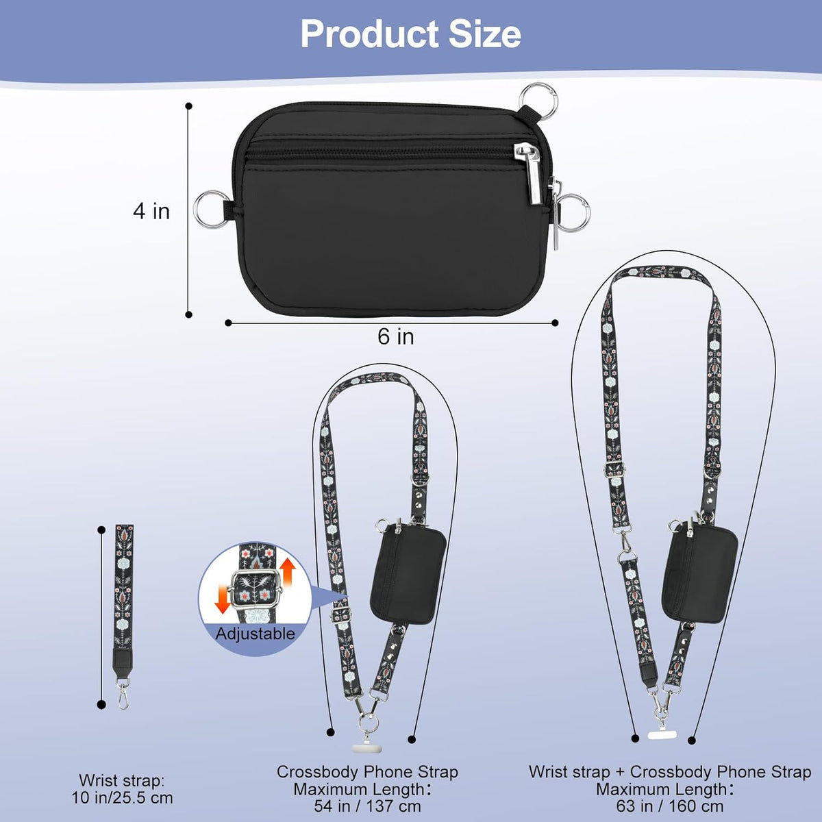 3-in-1 Clip and Go Strap for Phone with Wallet Crossbody, Detachable Zippered RFID Wristlet Wallet，Adjustable Anti-Theft Phone Lanyard for Women | Hands-Free for Daily Errands & Travel (Black)