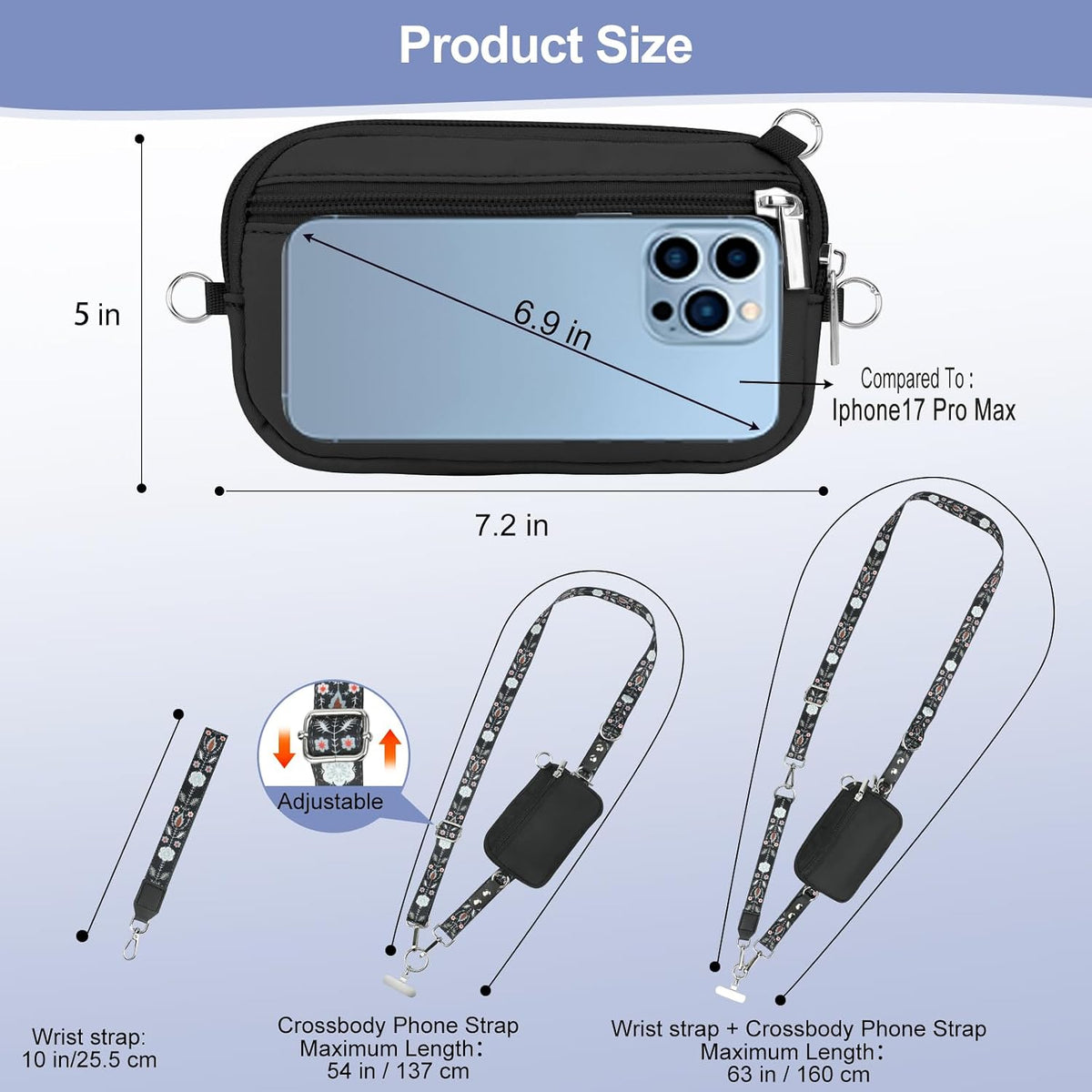 3-in-1 Clip and Go Strap for Phone with Wallet Crossbody, Detachable Zippered RFID Wristlet Wallet，Adjustable Anti-Theft Phone Lanyard for Women | Hands-Free for Daily Errands & Travel (Black)