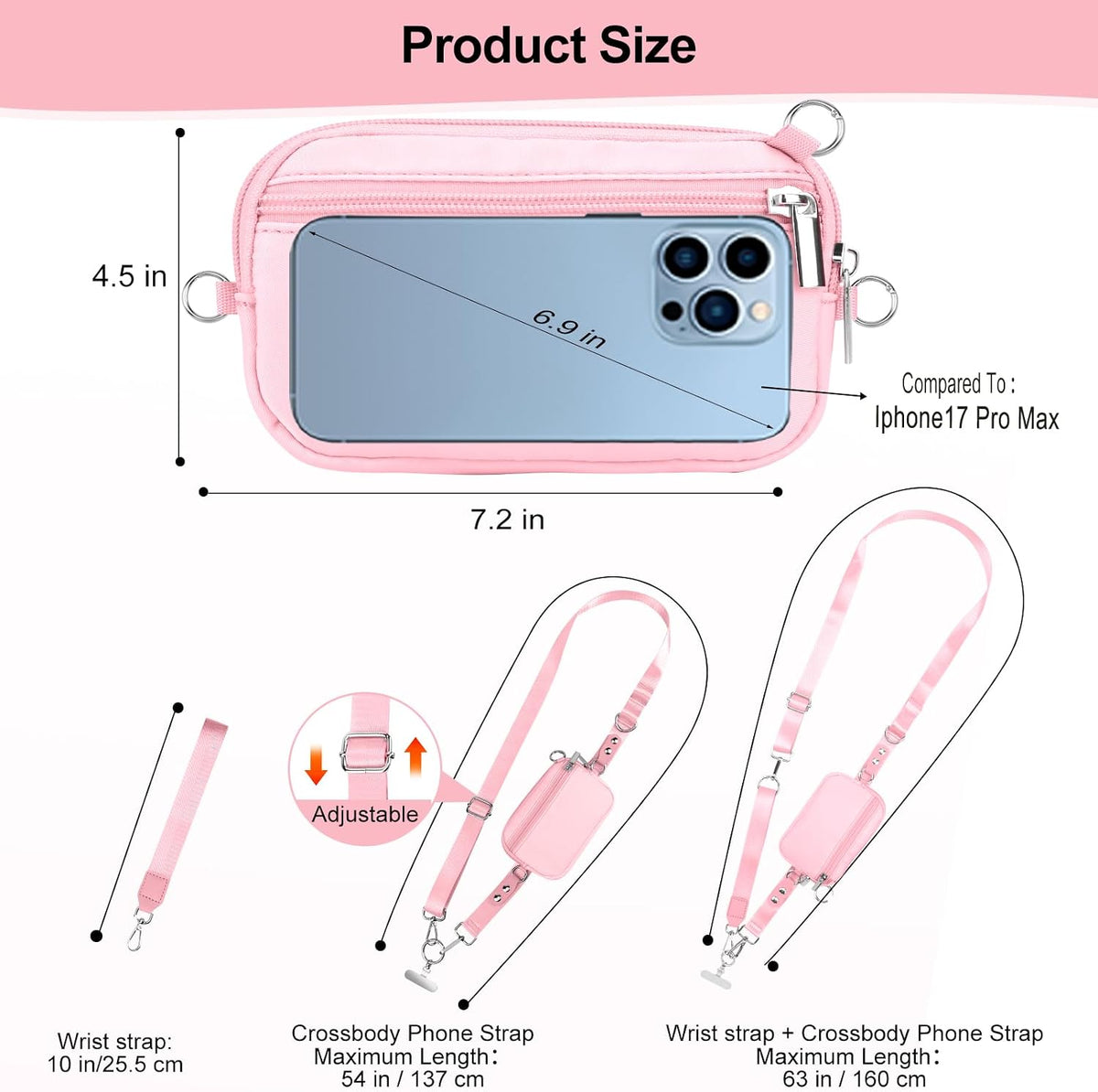 3-in-1 Clip and Go Strap for Phone with Wallet Crossbody, Detachable Zippered RFID Wristlet Wallet，Adjustable Anti-Theft Phone Lanyard for Women | Hands-Free for Daily Errands & Travel (Black)
