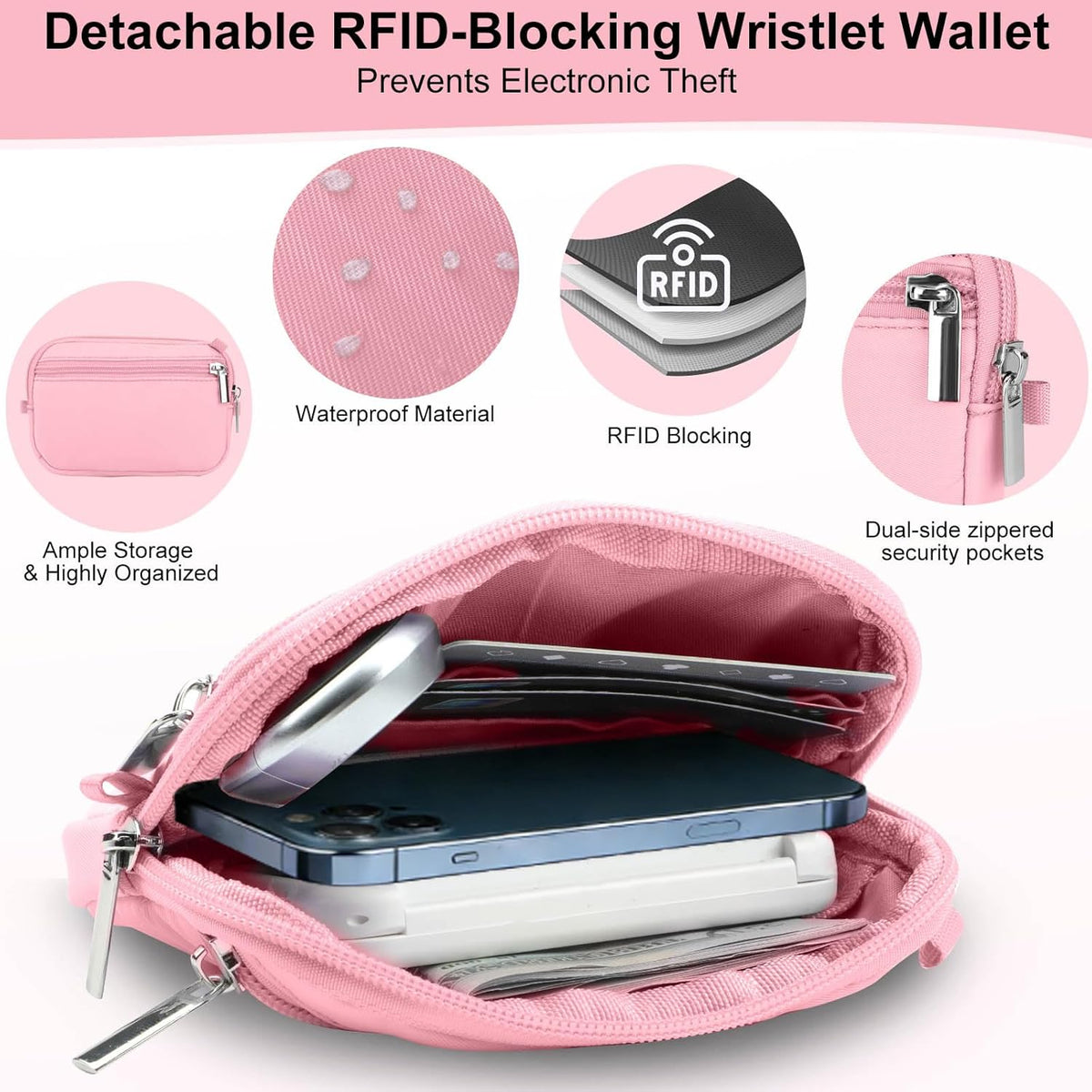 3-in-1 Clip and Go Strap for Phone with Wallet Crossbody, Detachable Zippered RFID Wristlet Wallet，Adjustable Anti-Theft Phone Lanyard for Women | Hands-Free for Daily Errands & Travel (Black)