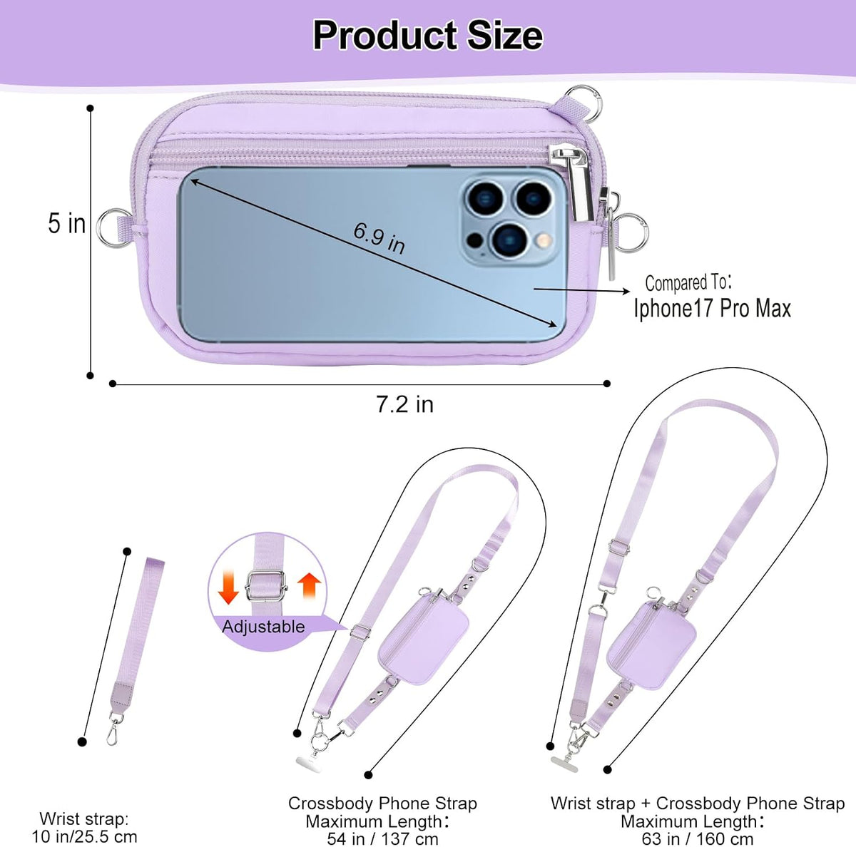 3-in-1 Clip and Go Strap for Phone with Wallet Crossbody, Detachable Zippered RFID Wristlet Wallet，Adjustable Anti-Theft Phone Lanyard for Women | Hands-Free for Daily Errands & Travel (Black)