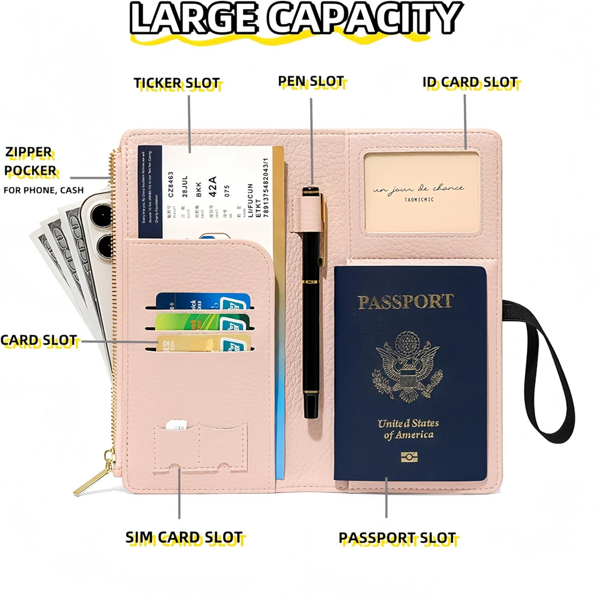 RFID-Blocking Leather Travel Wallet & Passport Holder with Zipper Pocket, Card Slots, and Phone Compartment – Waterproof Travel Organizer for Women & Men. TG-1 (Pink)