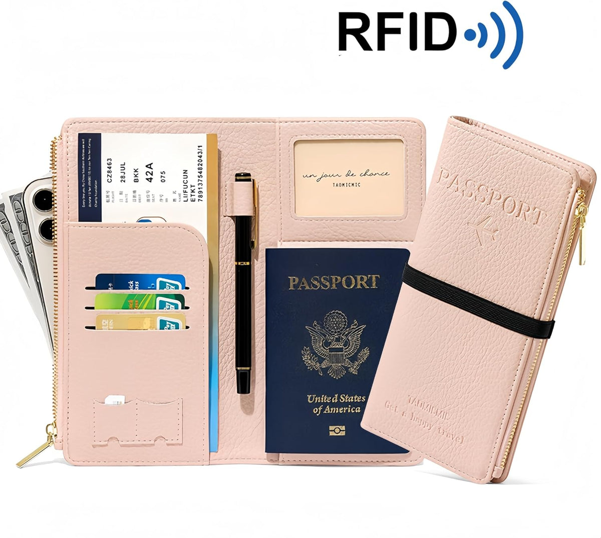 RFID-Blocking Leather Travel Wallet & Passport Holder with Zipper Pocket, Card Slots, and Phone Compartment – Waterproof Travel Organizer for Women & Men. TG-1 (Pink)