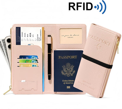 RFID-Blocking Leather Travel Wallet & Passport Holder with Zipper Pocket, Card Slots, and Phone Compartment – Waterproof Travel Organizer for Women & Men. TG-1 (Pink)