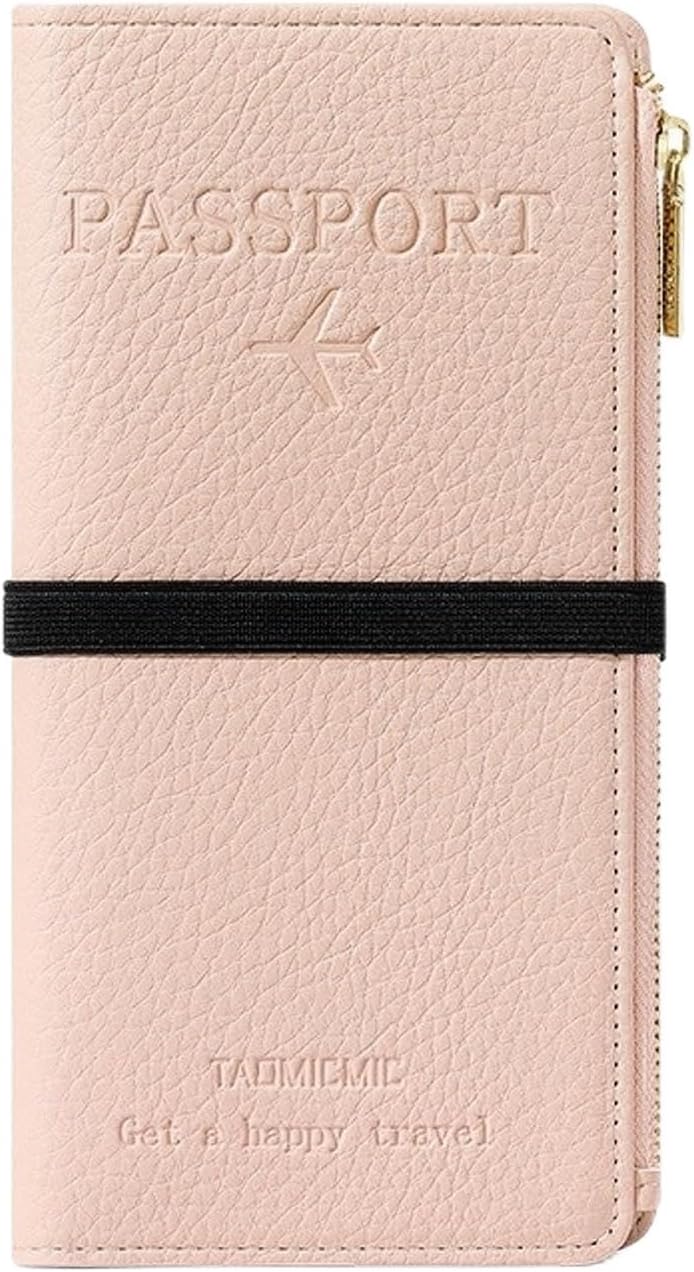 RFID-Blocking Leather Travel Wallet & Passport Holder with Zipper Pocket, Card Slots, and Phone Compartment – Waterproof Travel Organizer for Women & Men. TG-1 (Pink)