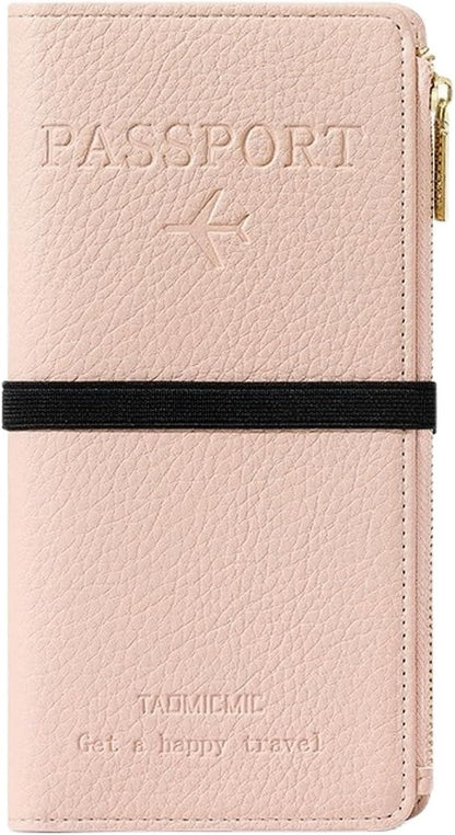 RFID-Blocking Leather Travel Wallet & Passport Holder with Zipper Pocket, Card Slots, and Phone Compartment – Waterproof Travel Organizer for Women & Men. TG-1 (Pink)