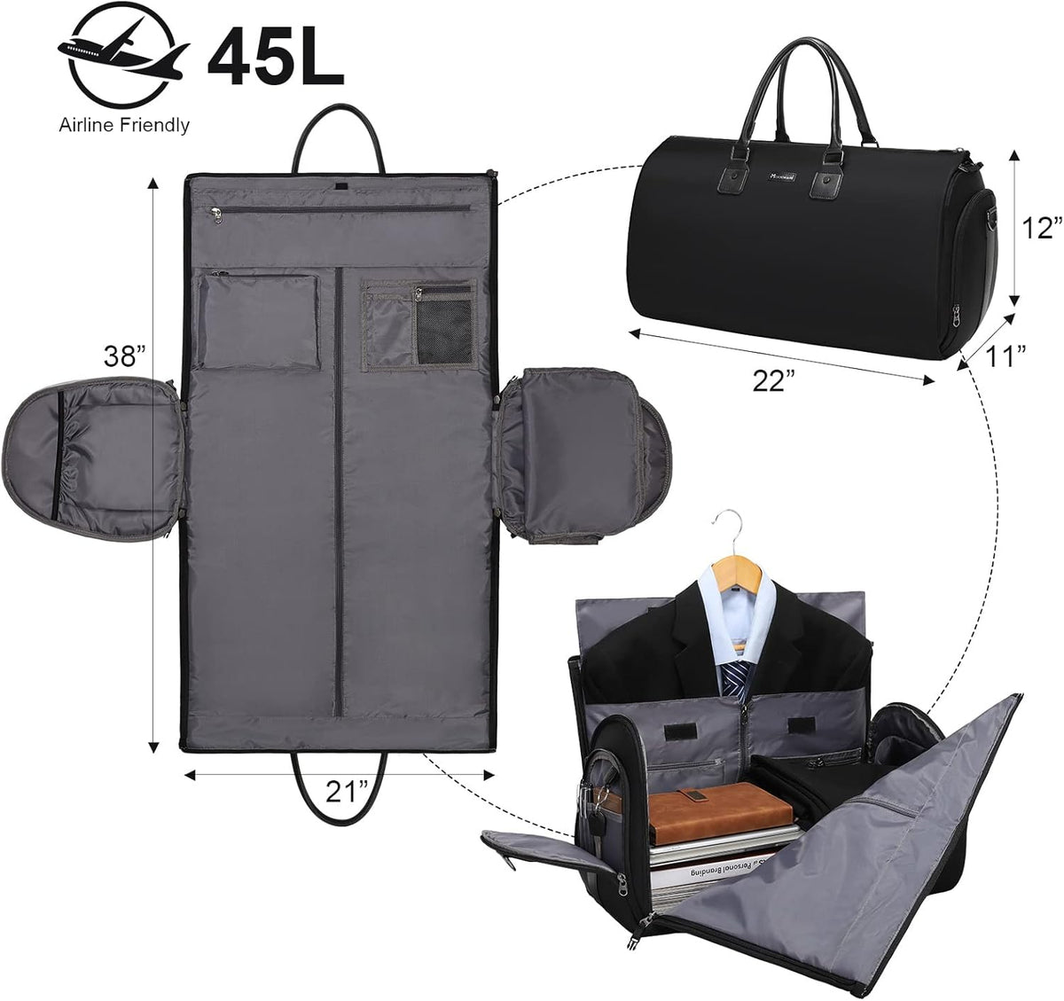 Convertible Garment Duffel Bag, 2-in-1 Hanging Suitcase for Travel | Eco-friendly garment bag converts hanging to duffel, Waterproof & wrinkle-resistant, Great for weekend or business travel.
