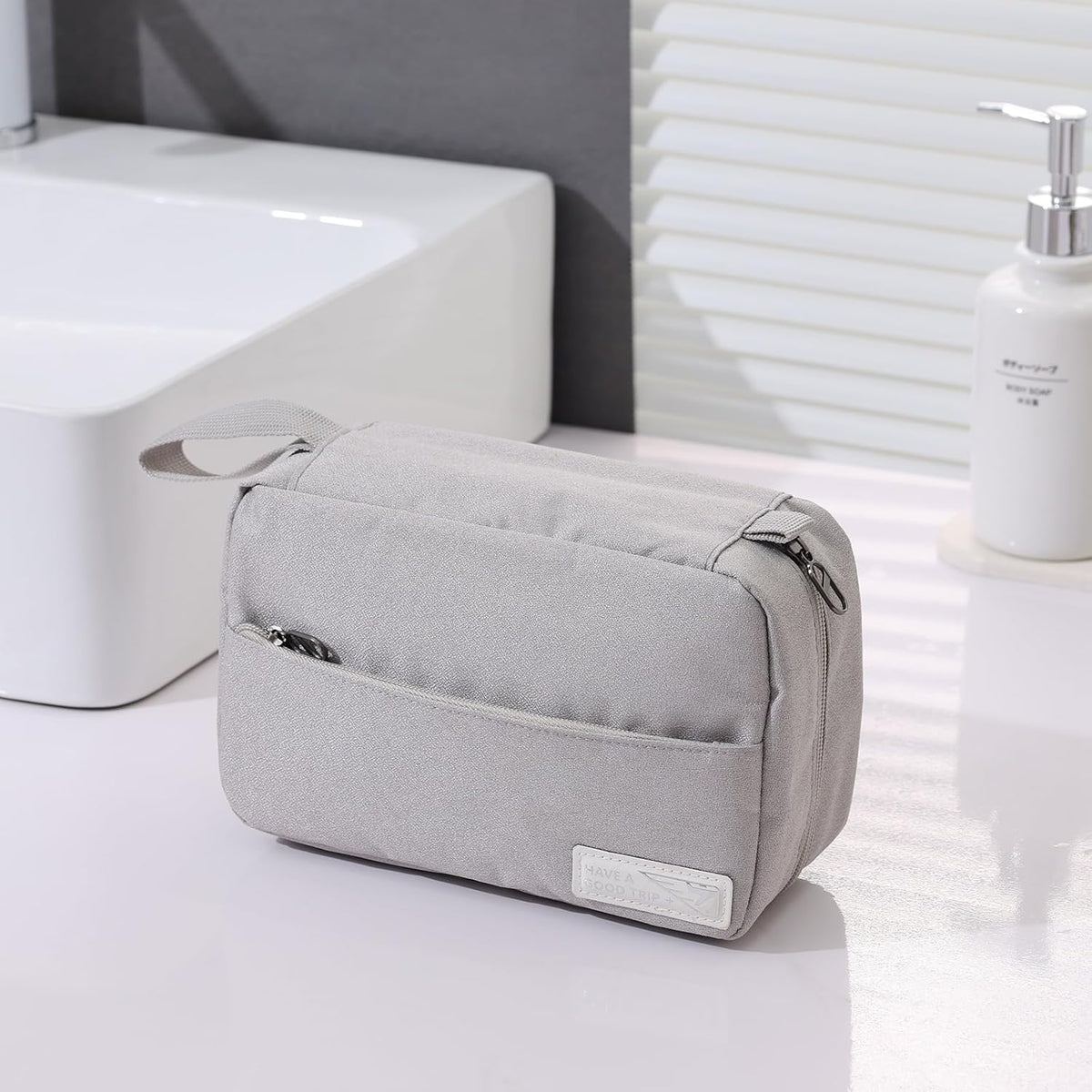 Travel Toiletry Bag with Hanging Hook Water-Resistant Cosmetic Case Makeup Bag Portable, Travel-Sized Container for Men, Silver Gray