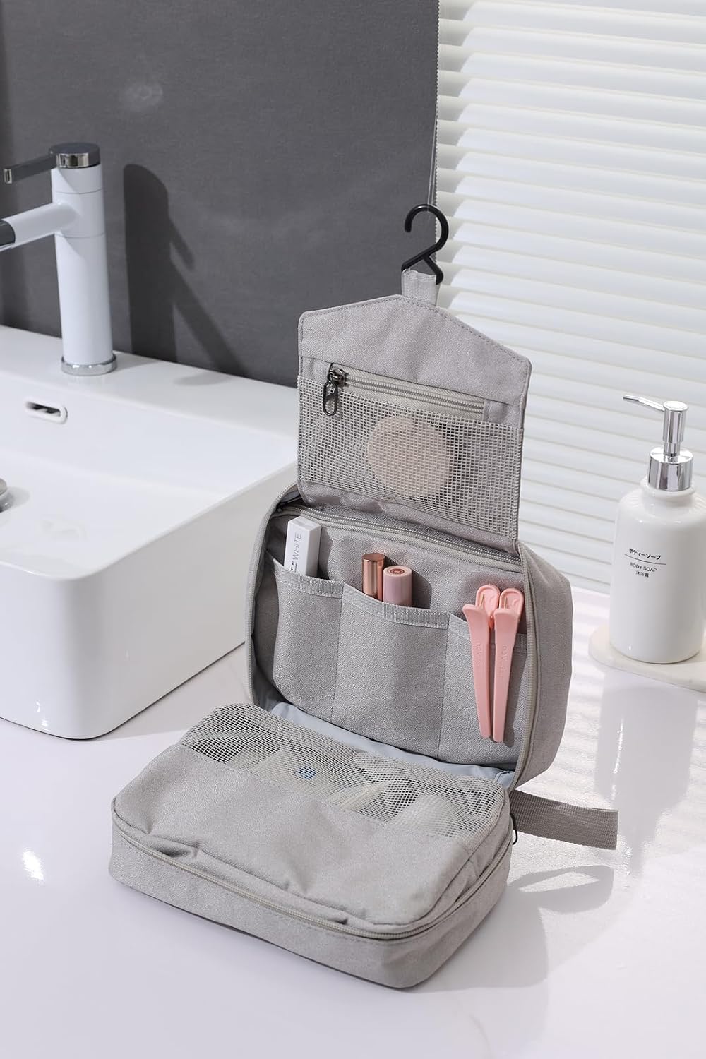 Travel Toiletry Bag with Hanging Hook Water-Resistant Cosmetic Case Makeup Bag Portable, Travel-Sized Container for Men, Silver Gray