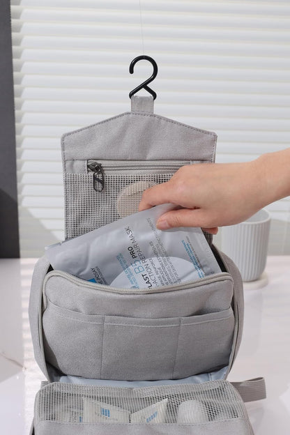 Travel Toiletry Bag with Hanging Hook Water-Resistant Cosmetic Case Makeup Bag Portable, Travel-Sized Container for Men, Silver Gray