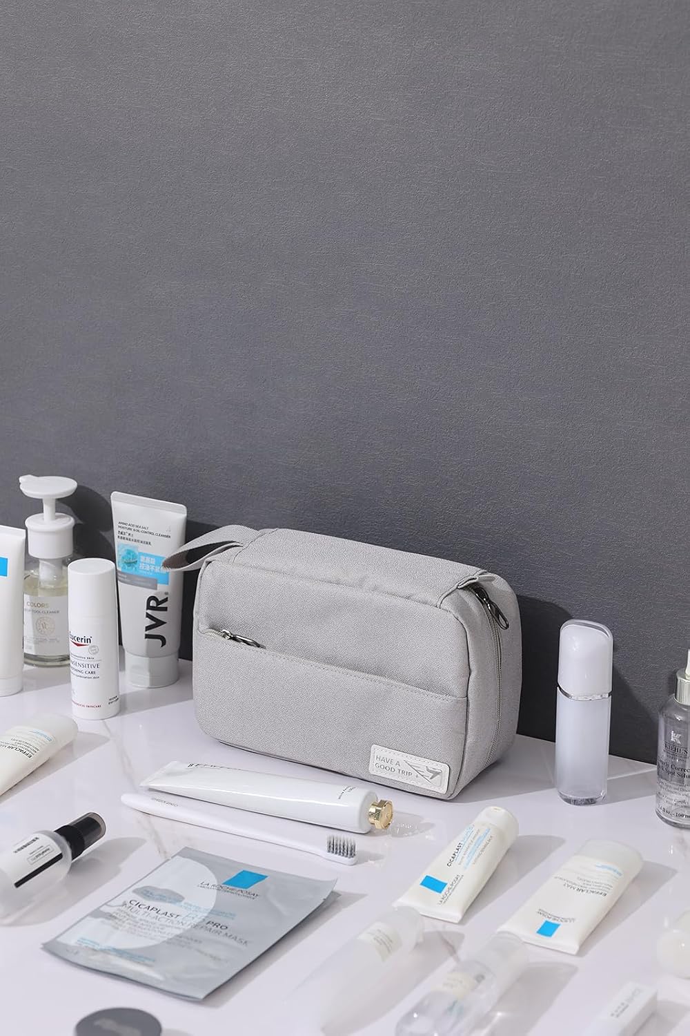 Travel Toiletry Bag with Hanging Hook Water-Resistant Cosmetic Case Makeup Bag Portable, Travel-Sized Container for Men, Silver Gray