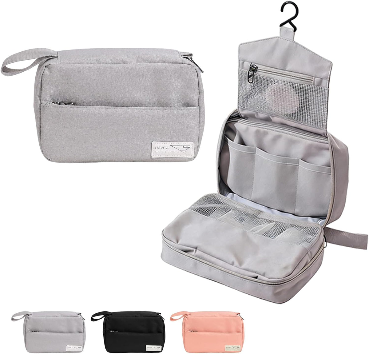 Travel Toiletry Bag with Hanging Hook Water-Resistant Cosmetic Case Makeup Bag Portable, Travel-Sized Container for Men, Silver Gray