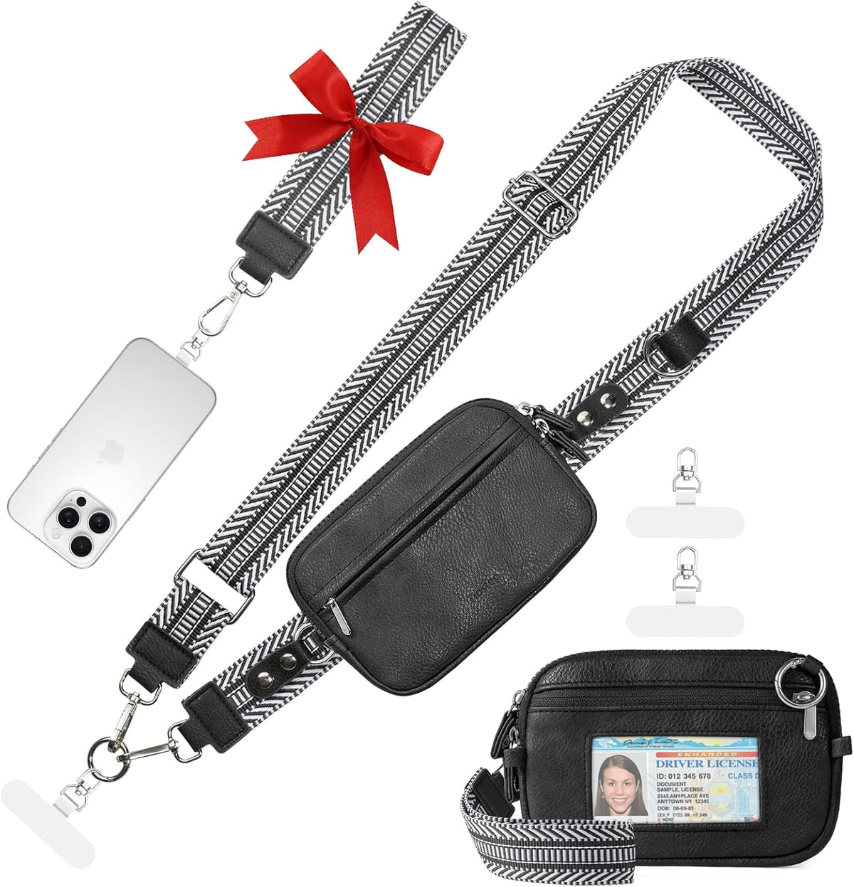 Clip and Go Strap for Phone with Wallet Crossbody Phone Lanyard Adjustable and Anti-Theft Leather Purse with RFID Zipper Pouch for Travel Daily Life. Brown Medium