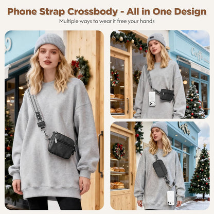 Clip and Go Strap for Phone with Wallet Crossbody Phone Lanyard Adjustable and Anti-Theft Leather Purse with RFID Zipper Pouch for Travel Daily Life. Brown Medium