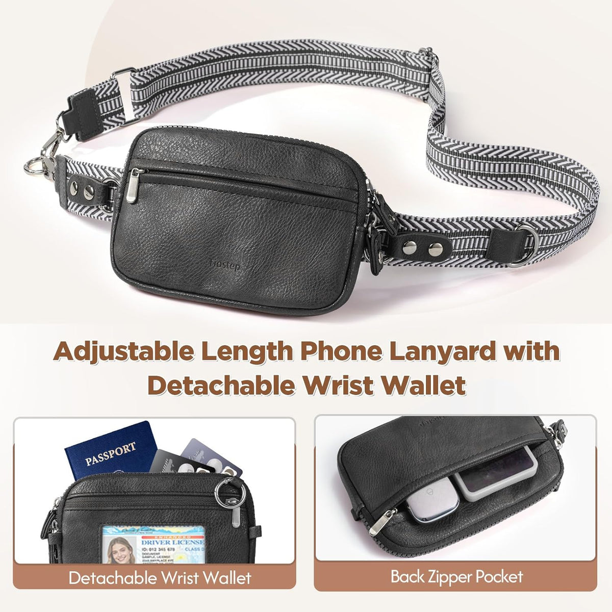 Clip and Go Strap for Phone with Wallet Crossbody Phone Lanyard Adjustable and Anti-Theft Leather Purse with RFID Zipper Pouch for Travel Daily Life. Brown Medium